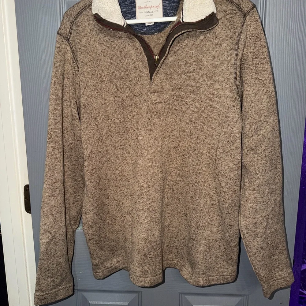 Weatherproof Vintage Mens Brown Marled Sherpa Lined Quarter Zip Pullover Sweater